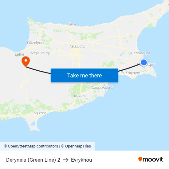 Deryneia (Green Line) to Evrykhou map