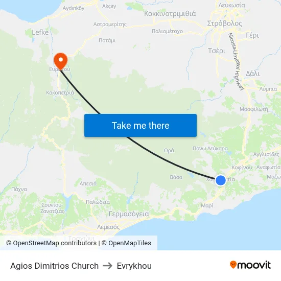Agios Dimitrios Church to Evrykhou map