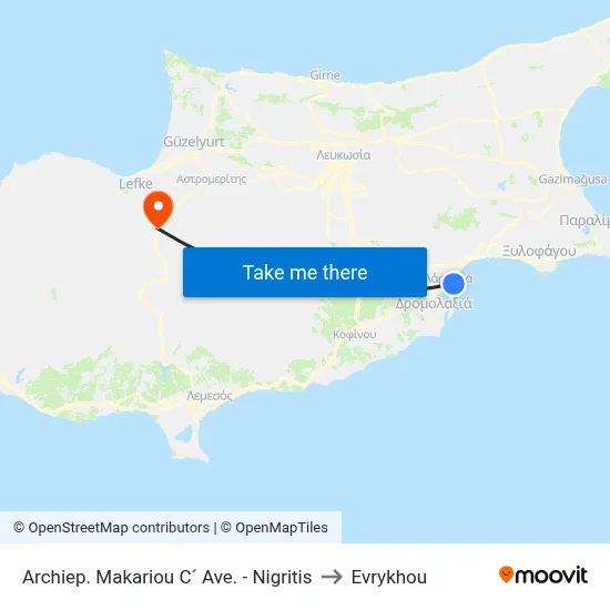 Archiep. Makariou C´ Ave. - Nigritis to Evrykhou map