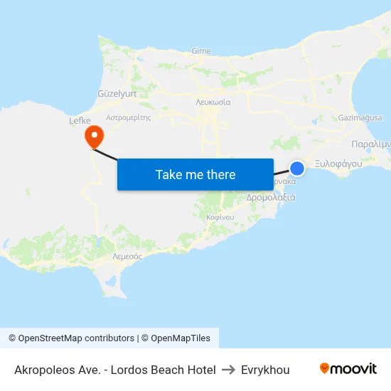 Acropolis Avenue - Lordos Beach Hotel to Evrykhou map