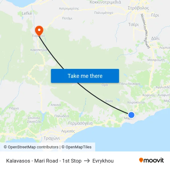 Kalavasos - Mari Road - 1st Stop to Evrykhou map