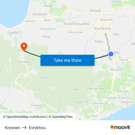 Kryoneri to Evrykhou map