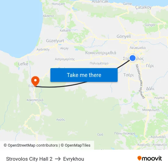 Strovolos City Hall 2 to Evrykhou map
