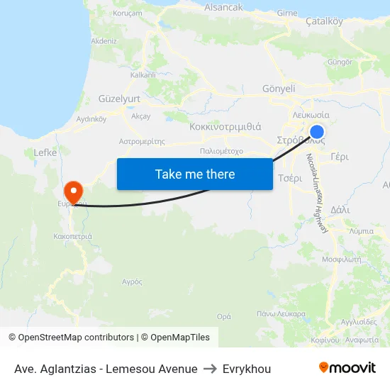Ave. Aglantzias - Lemesou Avenue to Evrykhou map