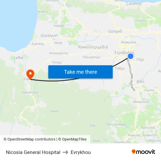 Nicosia General Hospital to Evrykhou map