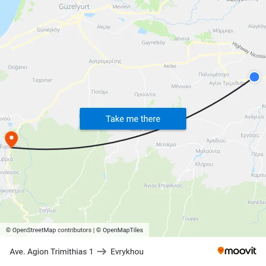 Ave. Agion Trimithias 1 to Evrykhou map