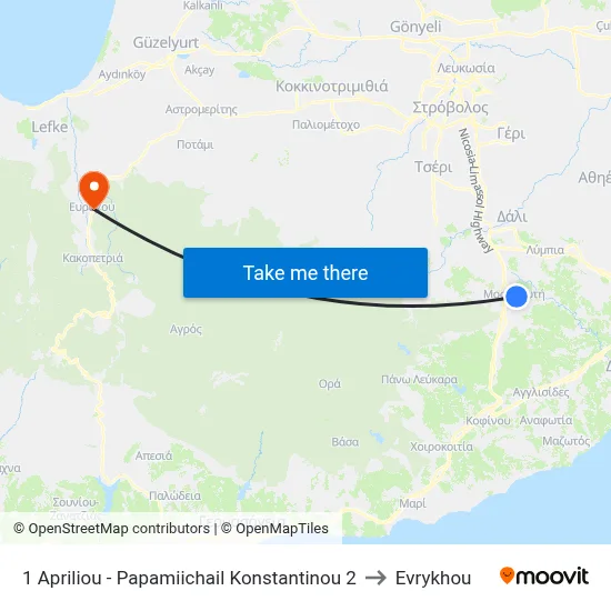 1 Apriliou - Papamiichail Konstantinou 2 to Evrykhou map