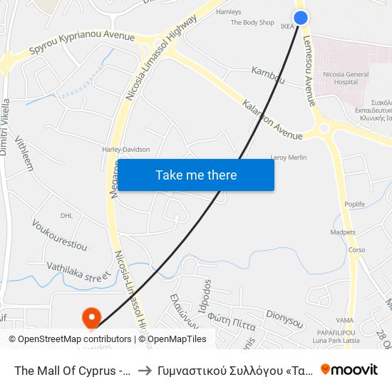 The Mall Of Cyprus - Βεργίνας to Γυμναστικού Συλλόγου «Τα Παγκύπρια» map