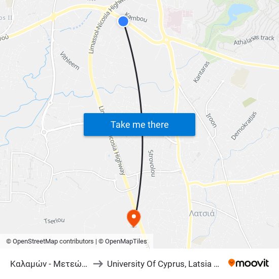 Καλαμών - Μετεώρων to University Of Cyprus, Latsia Annex map