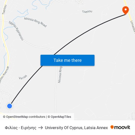 Φιλίας - Ειρήνης to University Of Cyprus, Latsia Annex map