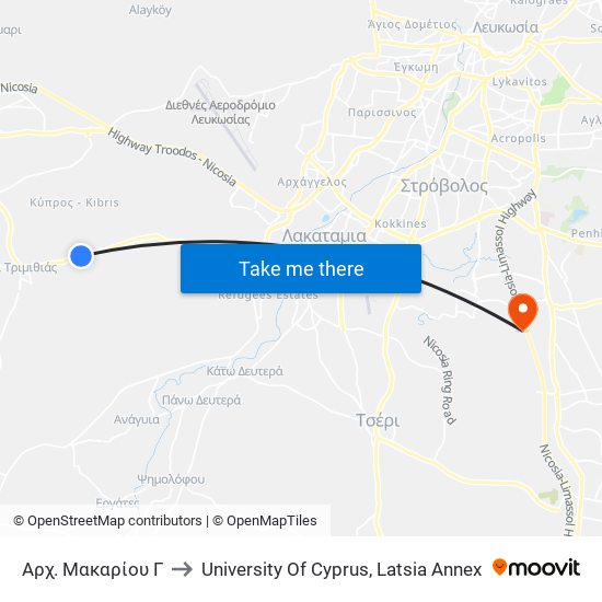 Αρχ. Μακαρίου Γ to University Of Cyprus, Latsia Annex map