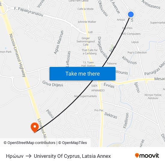 Εκκλησία Αγίου Ελευθερίου 2 to University Of Cyprus, Latsia Annex map