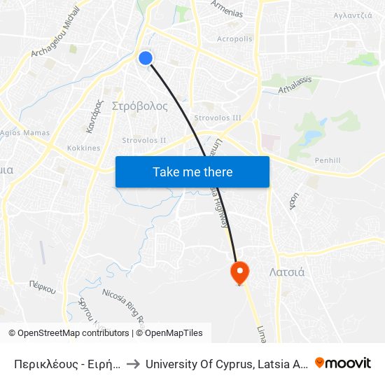 Περικλέους - Ειρήνης to University Of Cyprus, Latsia Annex map