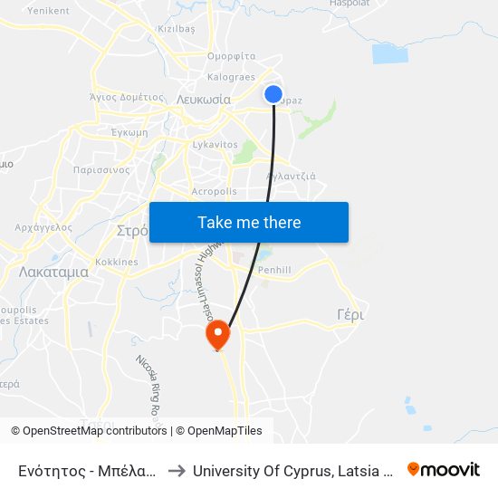 Ενότητος - Μπέλαπαϊς to University Of Cyprus, Latsia Annex map