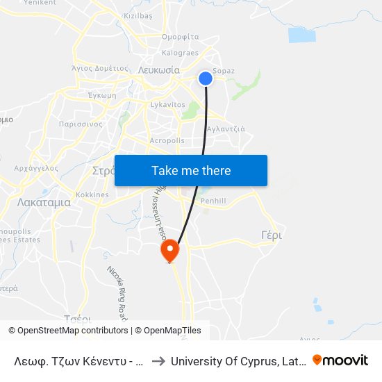 Λεωφ. Τζων Κένεντυ - Ενότητος to University Of Cyprus, Latsia Annex map