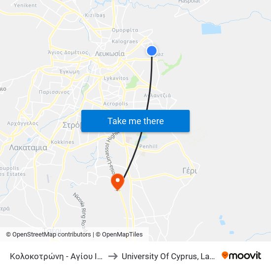 Κολοκοτρώνη - Αγίου Ιλαρίωνος to University Of Cyprus, Latsia Annex map