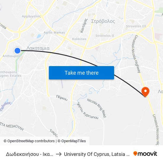 Δωδεκανήσου - Ικαρίας to University Of Cyprus, Latsia Annex map