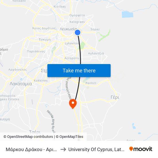 Μάρκου Δράκου - Αριστείδου to University Of Cyprus, Latsia Annex map