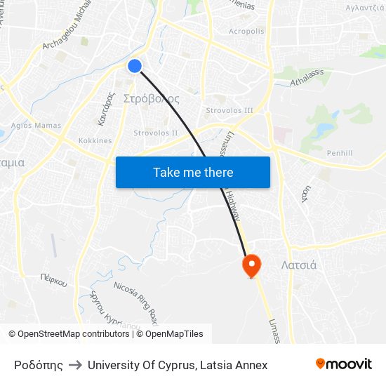 Ροδόπης to University Of Cyprus, Latsia Annex map