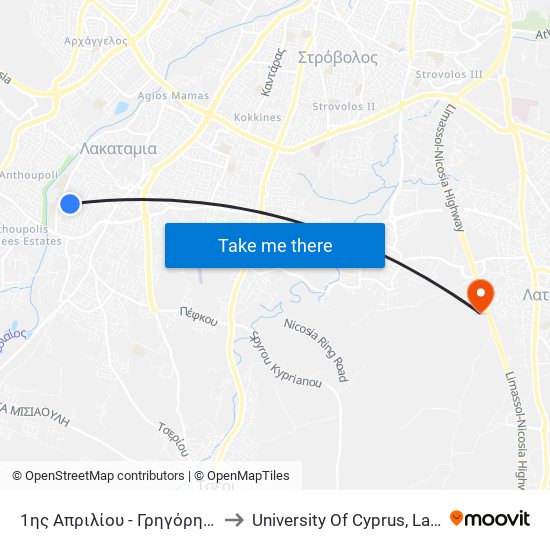 1 Απριλίου to University Of Cyprus, Latsia Annex map