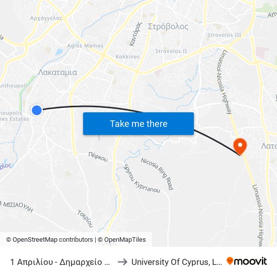 1 Απριλίου - Δημαρχείο Λακατάμειας to University Of Cyprus, Latsia Annex map