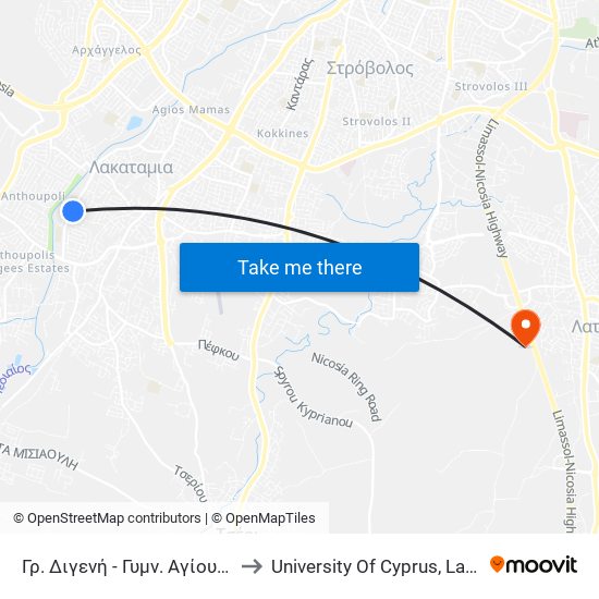 Γρ. Διγενή - Γυμν. Αγίου Γεωργίου to University Of Cyprus, Latsia Annex map