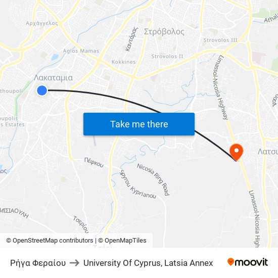 Ρήγα Φεραίου to University Of Cyprus, Latsia Annex map