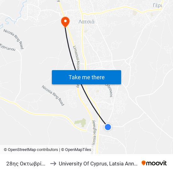 28ης Οκτωβρίου to University Of Cyprus, Latsia Annex map