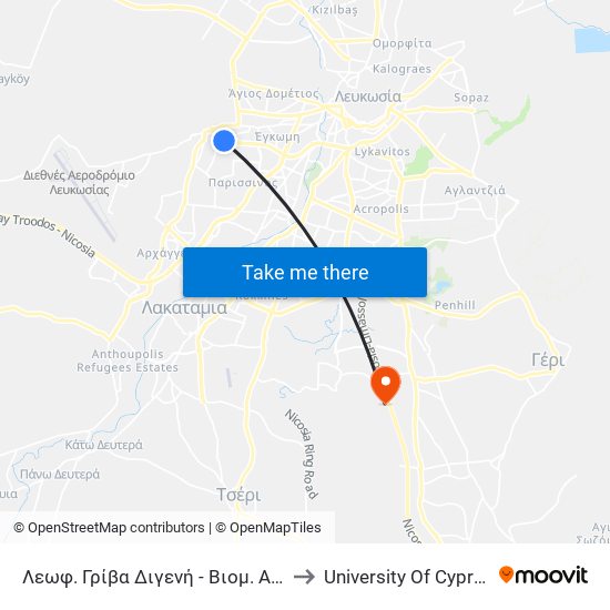 Λεωφ. Γρίβα Διγενή - Βιομ. Αγ. Δομετίου-Έγκωμης 1 to University Of Cyprus, Latsia Annex map