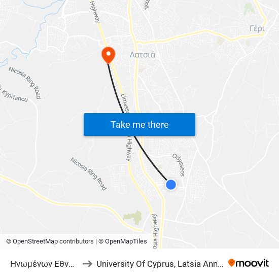 Ηνωμένων Εθνών to University Of Cyprus, Latsia Annex map