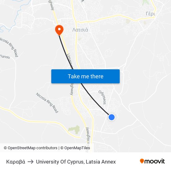 Καραβά to University Of Cyprus, Latsia Annex map