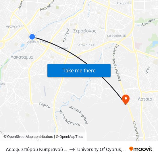 Λεωφ. Σπύρου Κυπριανού - Δημοκρατίας to University Of Cyprus, Latsia Annex map