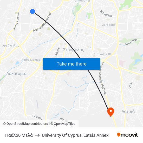 Παύλου Μελά to University Of Cyprus, Latsia Annex map