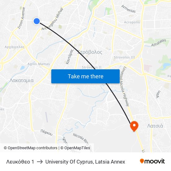 Λευκόθεο 1 to University Of Cyprus, Latsia Annex map