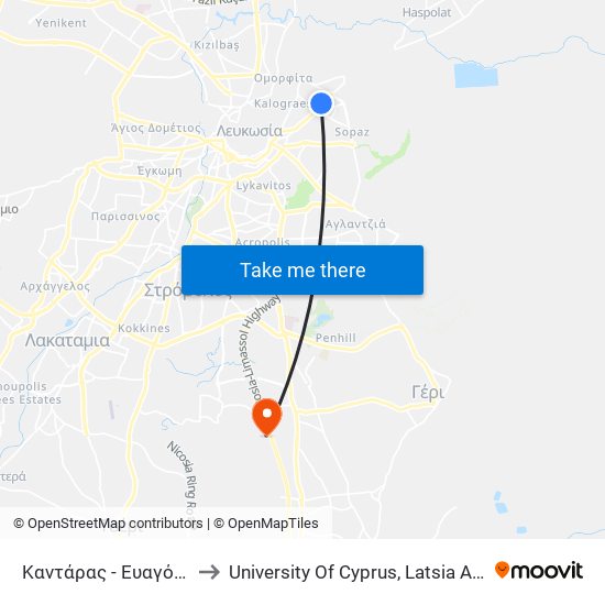 Καντάρας - Ευαγόρου to University Of Cyprus, Latsia Annex map