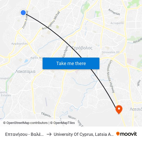 Επτανήσου - Βαλέστα to University Of Cyprus, Latsia Annex map