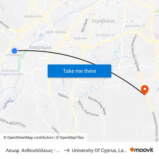 Λεωφ. Ανθουπόλεως - Κυκλάδων to University Of Cyprus, Latsia Annex map