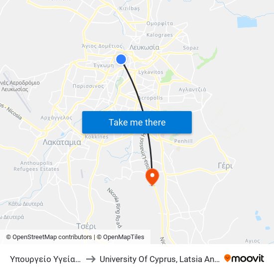 Υπουργείο Υγείας 2 to University Of Cyprus, Latsia Annex map