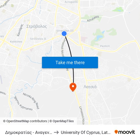 Δημοκρατίας - Αναγεννήσεως to University Of Cyprus, Latsia Annex map