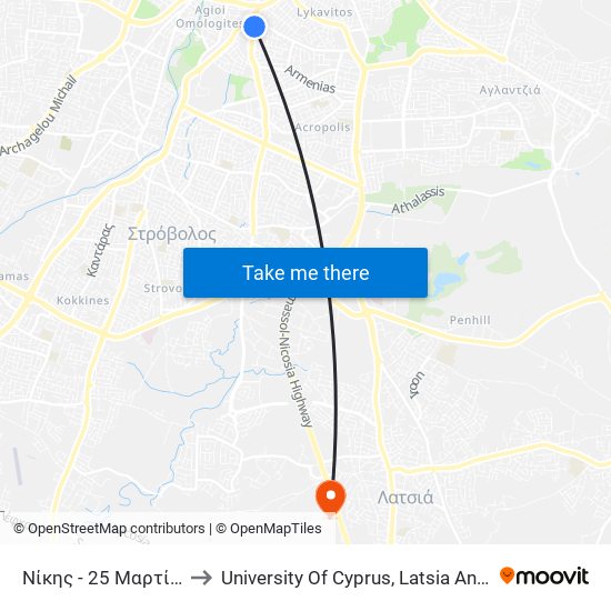 Νίκης - 25 Μαρτίου to University Of Cyprus, Latsia Annex map