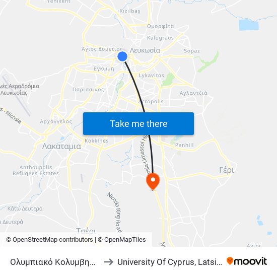 Ολυμπιακό Κολυμβητήριο 2 to University Of Cyprus, Latsia Annex map