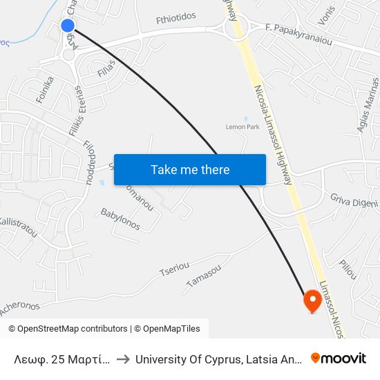 Λεωφ. 25 Μαρτίου to University Of Cyprus, Latsia Annex map