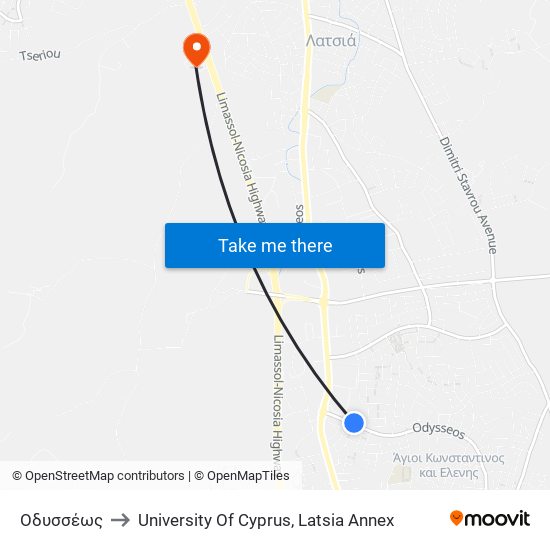 Οδυσσέως to University Of Cyprus, Latsia Annex map
