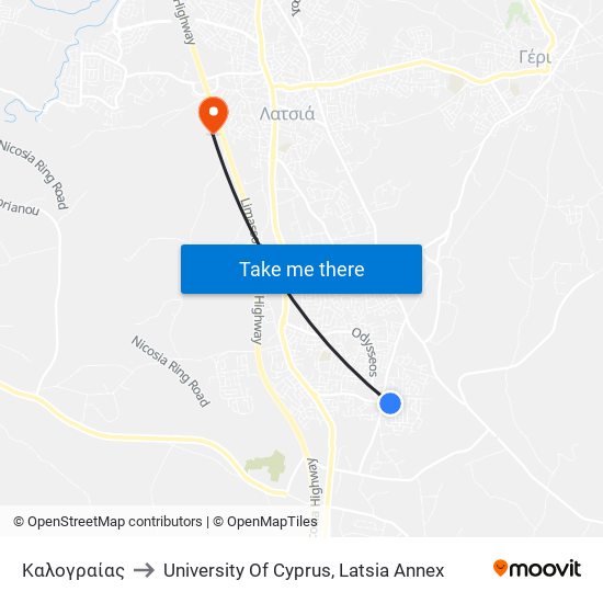 Καλογραίας to University Of Cyprus, Latsia Annex map