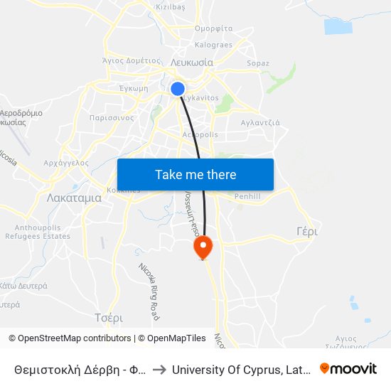 Θεμιστοκλή Δέρβη - Φλωρίνης to University Of Cyprus, Latsia Annex map