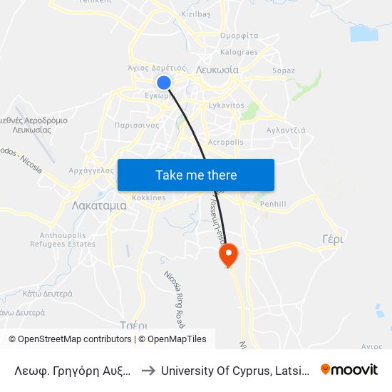 Λεωφ. Γρηγόρη Αυξεντίου to University Of Cyprus, Latsia Annex map