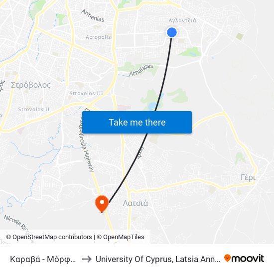 Καραβά to University Of Cyprus, Latsia Annex map