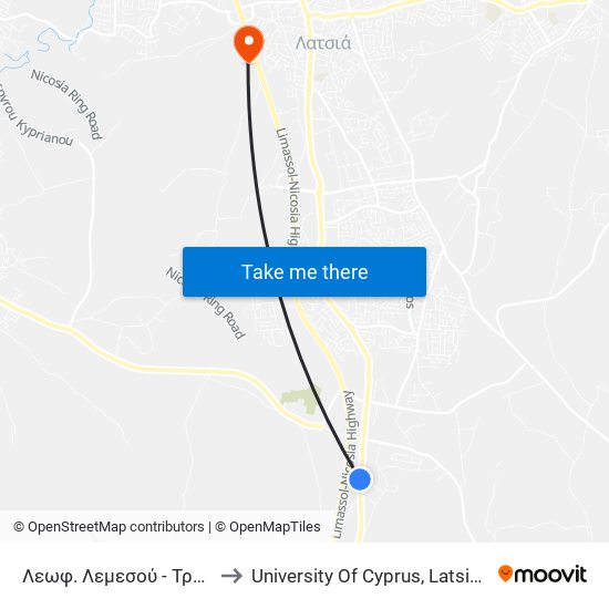 Λεωφ. Λεμεσού - Τράχωνα to University Of Cyprus, Latsia Annex map