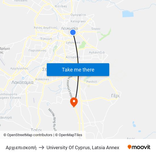 Αρχιεπισκοπή to University Of Cyprus, Latsia Annex map