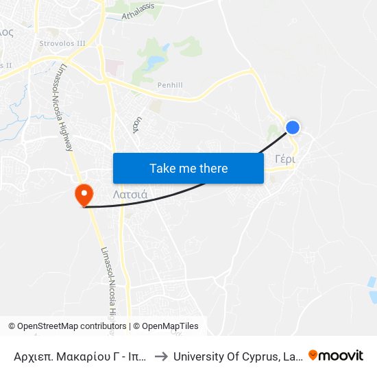 Αρχιεπ. Μακαρίου Γ to University Of Cyprus, Latsia Annex map